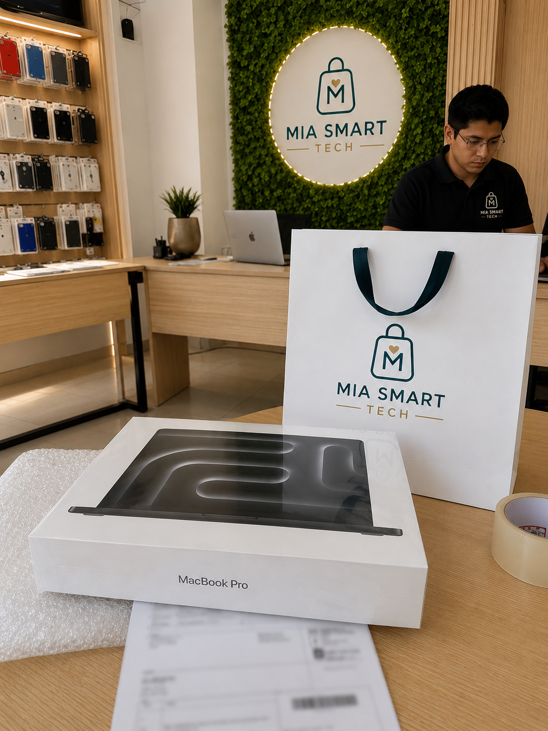 MacBook Pro nuevo y bolsa de MIA SMART TECH preparados para entregar en tienda